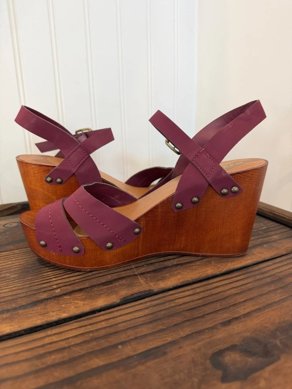Madden Girl Darce Burgundy Strappy Wood Platform Sandals